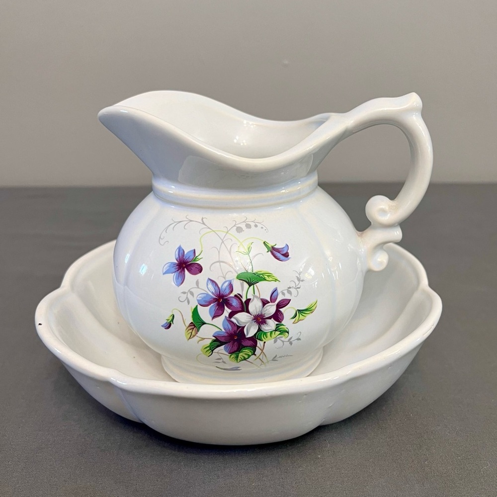 White Ceramic Floral Pitcher and Bowl Set - Purple Flower Accent